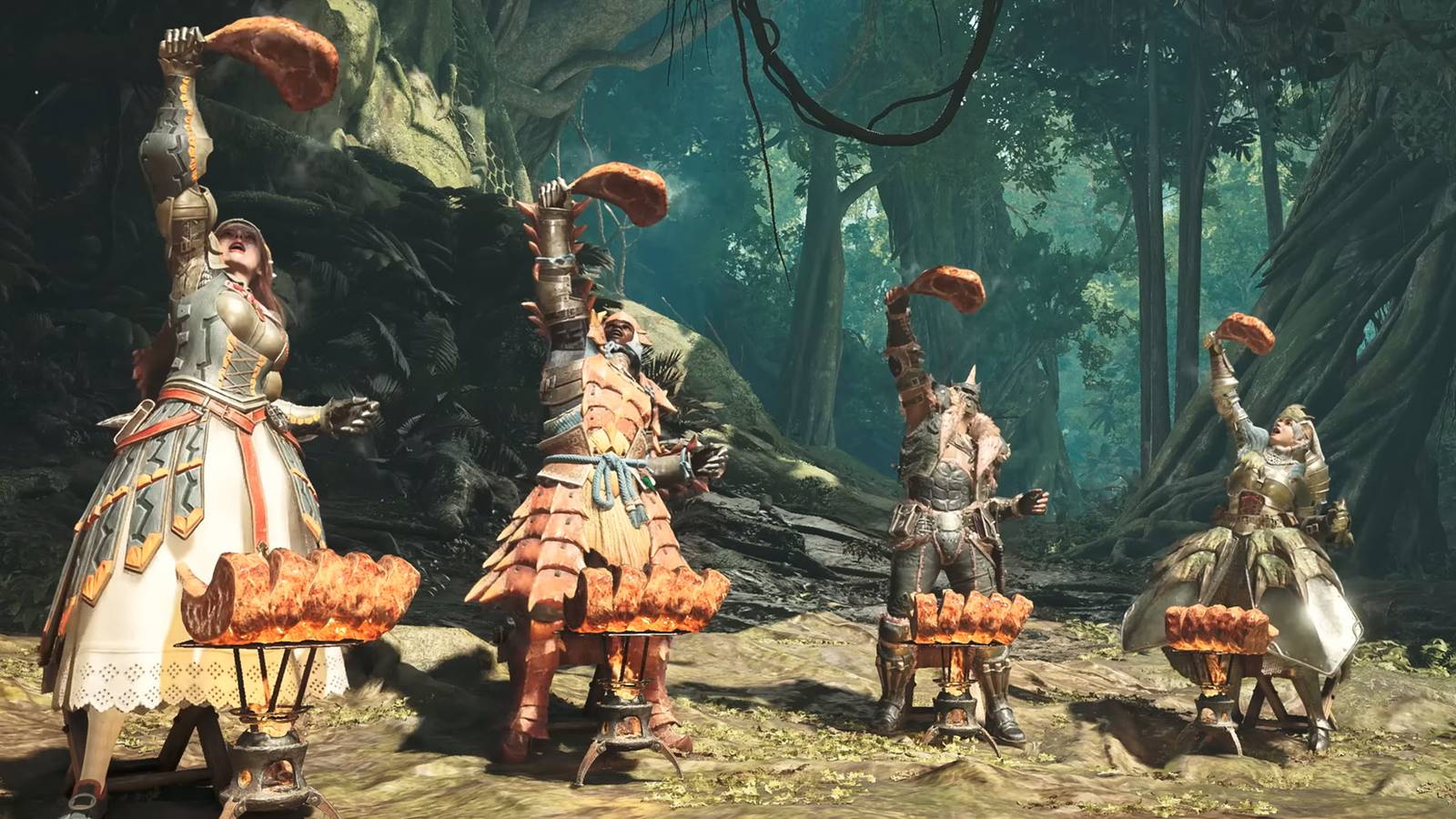 monster hunter wilds hunters eating and celebrating