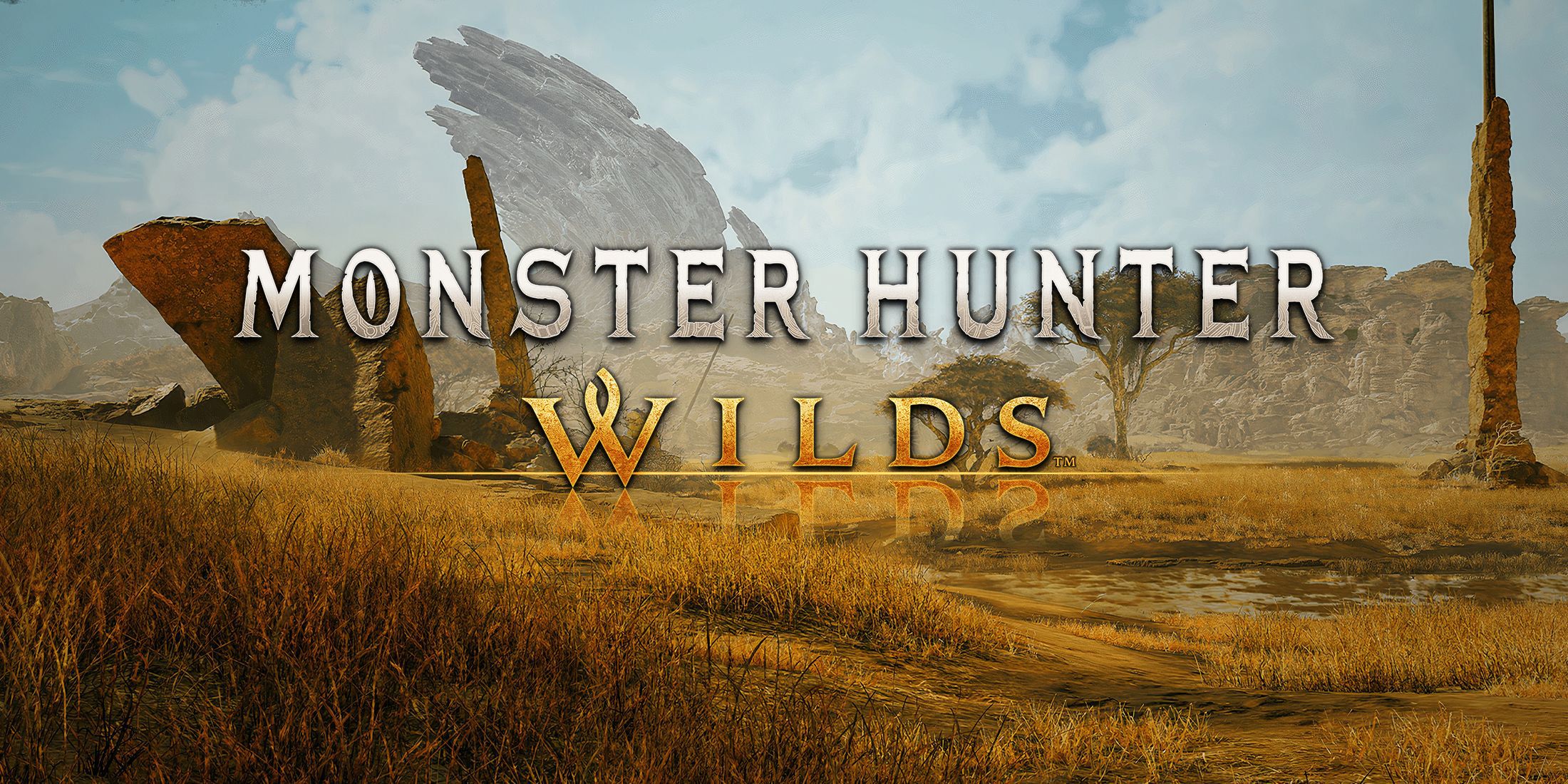 Monster Hunter Wilds logo over landscape screenshot