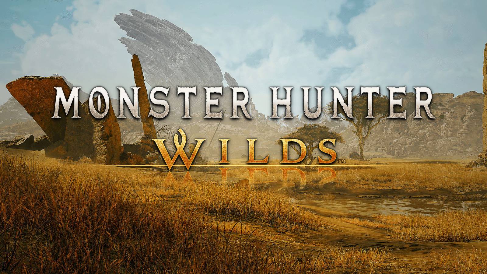 Monster Hunter Wilds logo over landscape screenshot