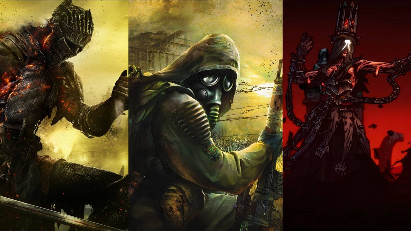 Feature image depicting Dark Souls 3, STALKER Shadow of Chernobyl, and Darkest Dungeon