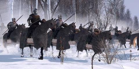 A group of heavily armored cavalry units in snowy terrain