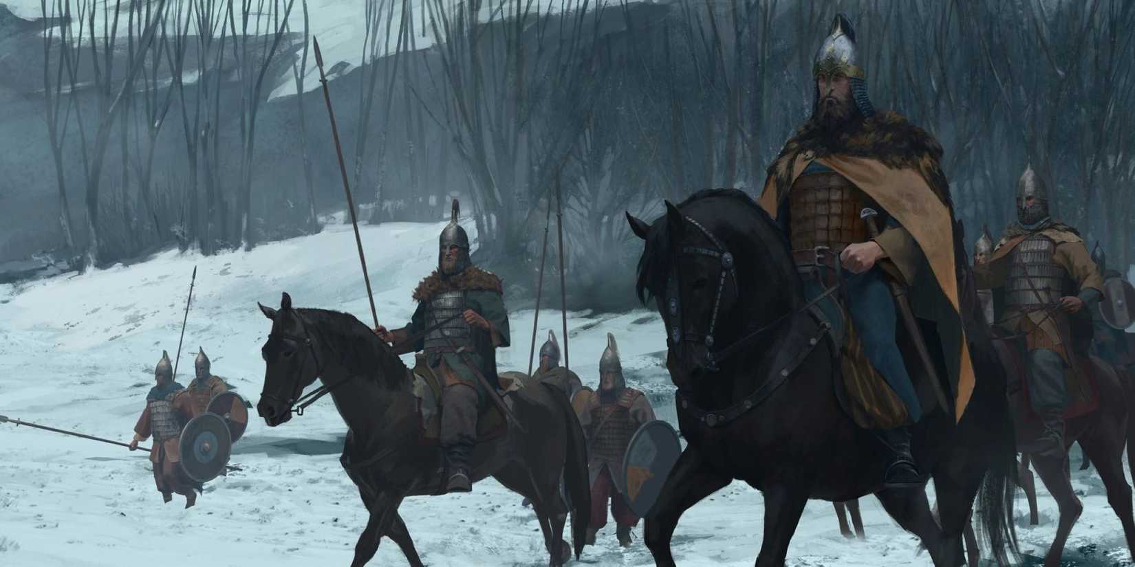 sturgian mounted troops in snowy forest in mount and blade 2 bannerlord