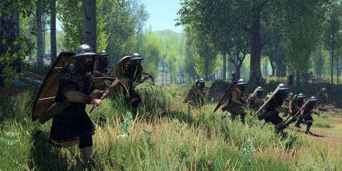 vlandian crossbowmen running in lush forest in mount and blade 2 bannerlord