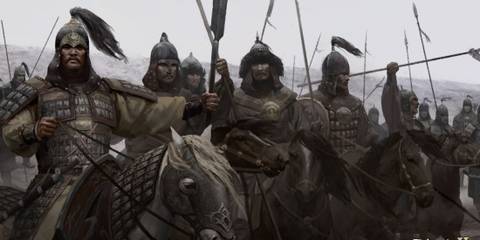 khuzait mounted troop ready for battle with foggy hills in the background in mount and blade 2 bannerlord