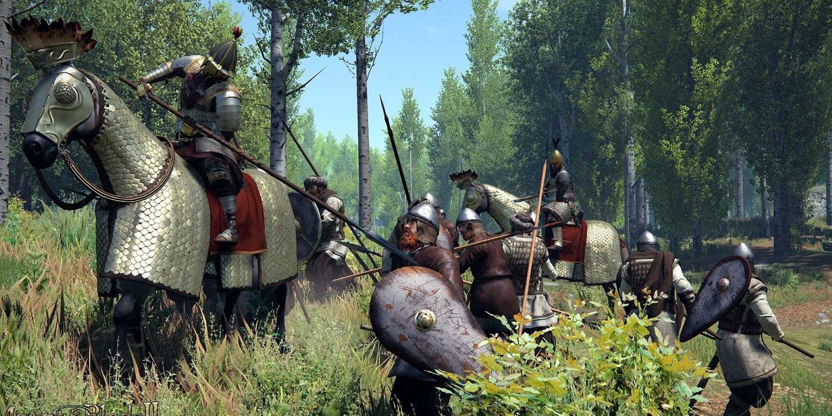 empire cavalry fighting infantry in lush forest in mount and blade 2 bannerlord