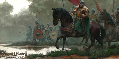 battanian infantry and cavalry crossing river in forest in mount and blade 2 bannerlord
