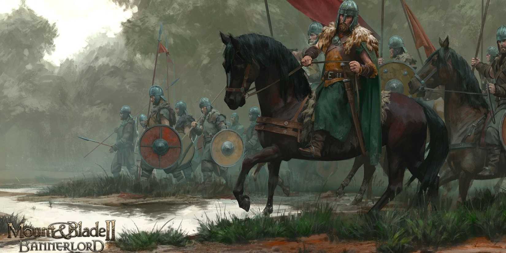 battanian infantry and cavalry crossing river in forest in mount and blade 2 bannerlord