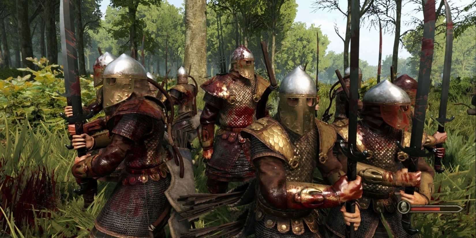 Several highly armored soldiers marching in formation