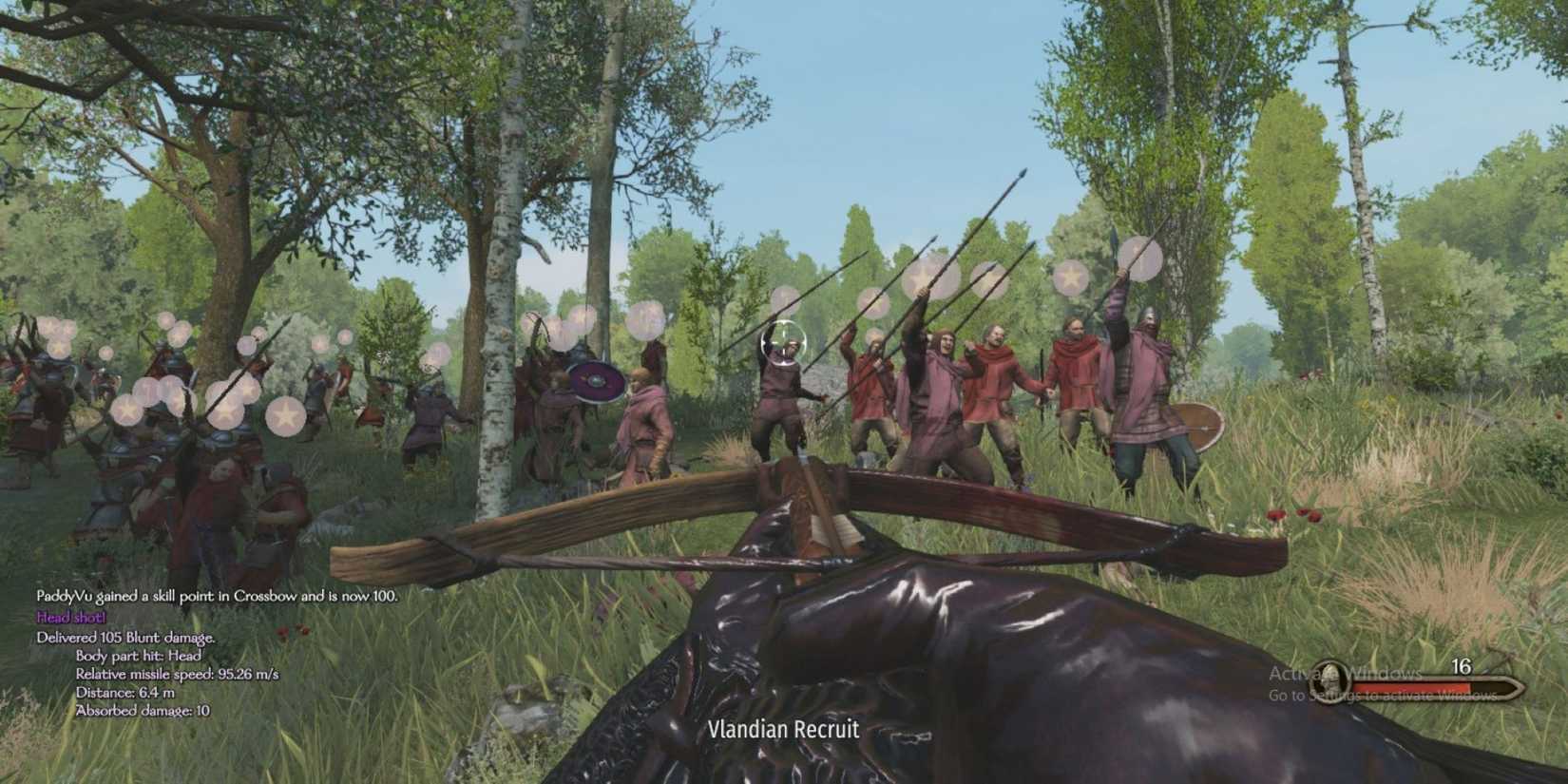 Player aiming crossbow towards their men