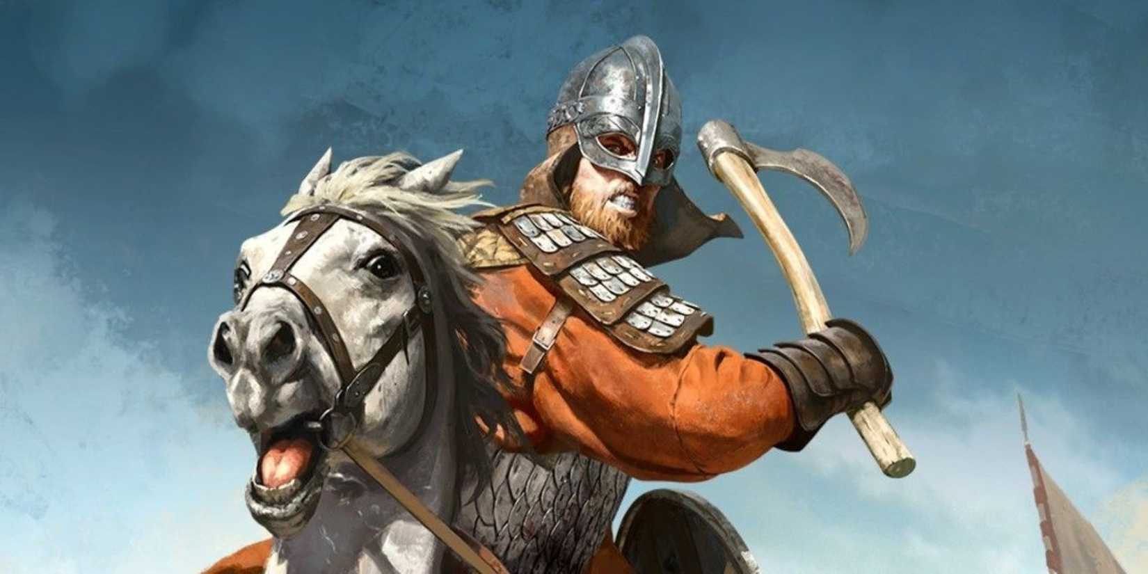 Axeman on horseback swinging axe