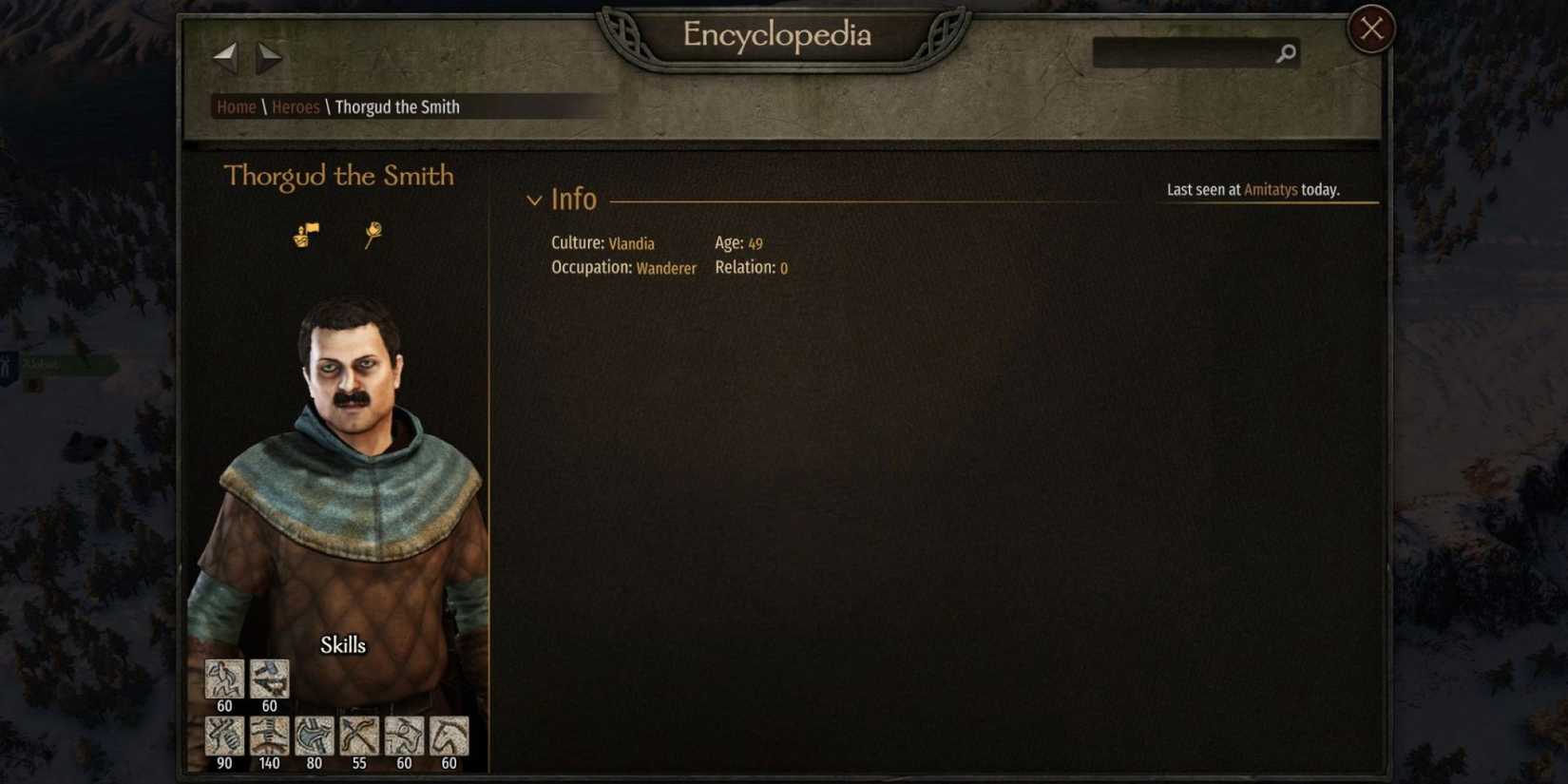 The Smith character info screen
