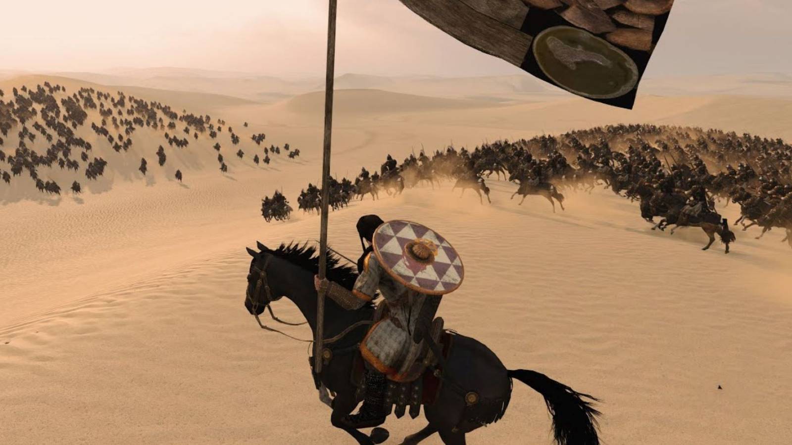Well armored player riding horse into battle in Mount and Blade 2: Bannerlord