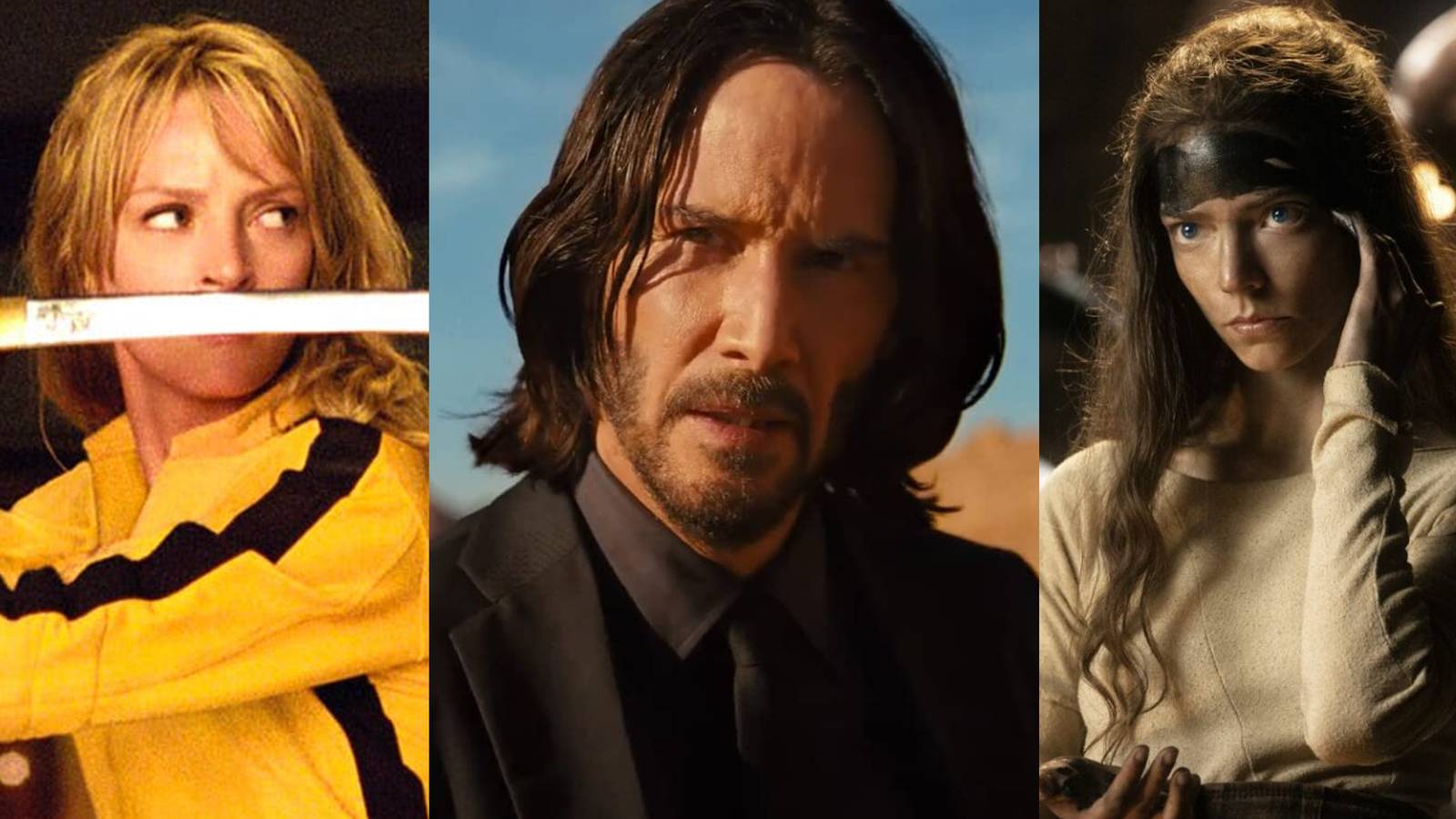 The Bride holding a katana; John Wick in the desert; Furiosa painting her forehead