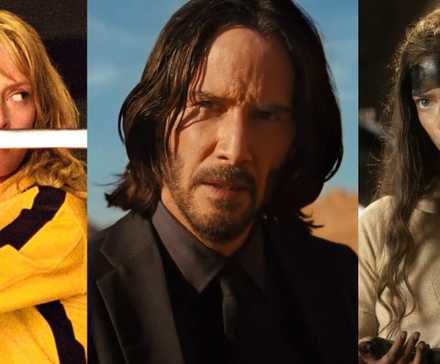 The Bride holding a katana; John Wick in the desert; Furiosa painting her forehead