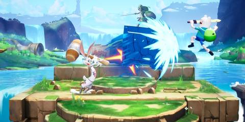 A screenshot from MultiVersus showing a battle between Bugs Bunny and Finn the Human.