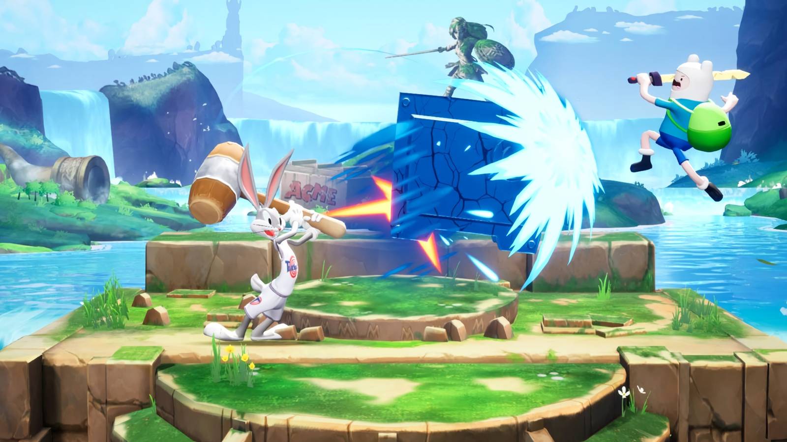A screenshot from MultiVersus showing a battle between Bugs Bunny and Finn the Human.
