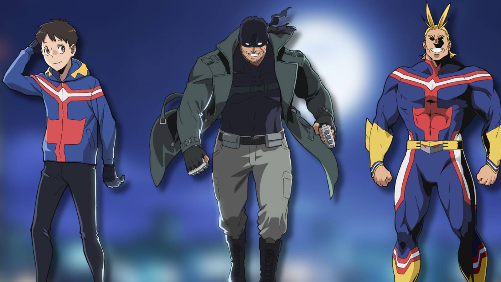 A collage of 3 My Hero Academia Vigilantes with official renders from the upcoming anime: Koichi Haimawari, Knuckleduster and All Might.