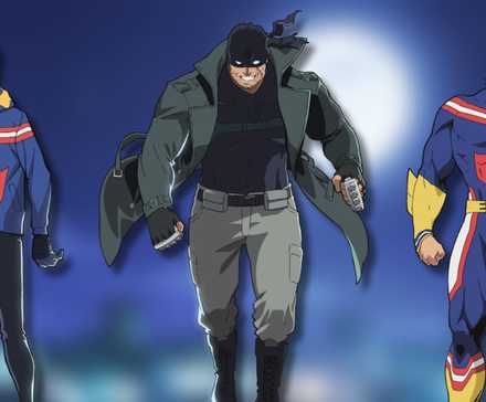 A collage of 3 My Hero Academia Vigilantes with official renders from the upcoming anime: Koichi Haimawari, Knuckleduster and All Might.