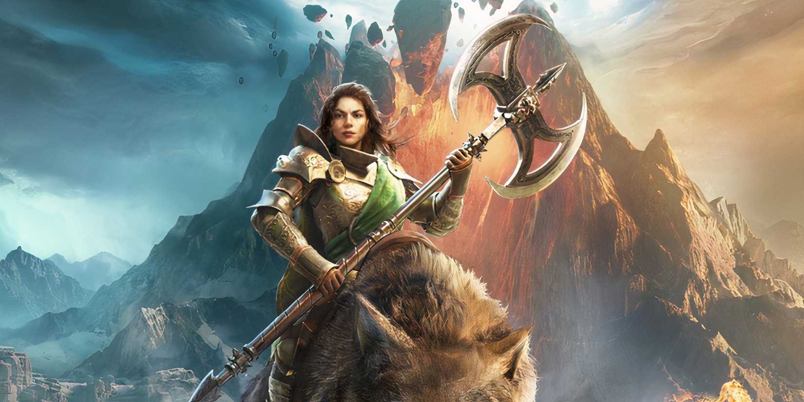 New World Aeternum Key Art Player Wielding Greataxe Riding Wolf Mount