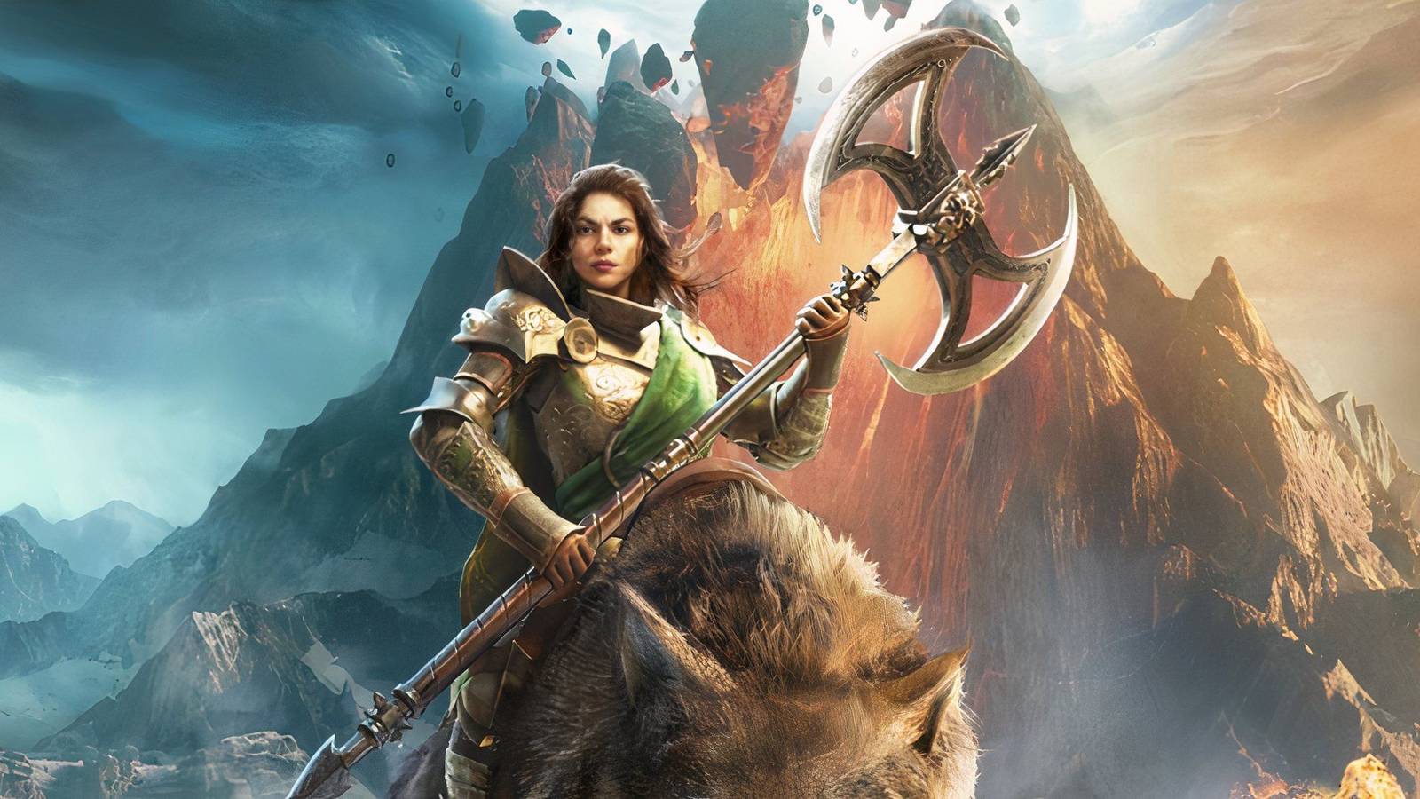 New World Aeternum Key Art Player Wielding Greataxe Riding Wolf Mount