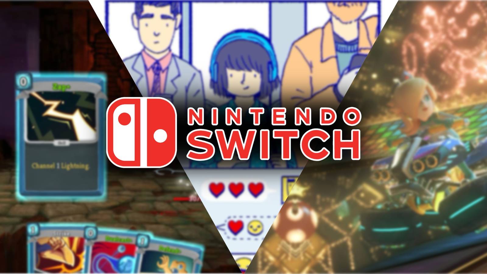 slay the spire, florence, and mario kart images with nintendo switch logo in front