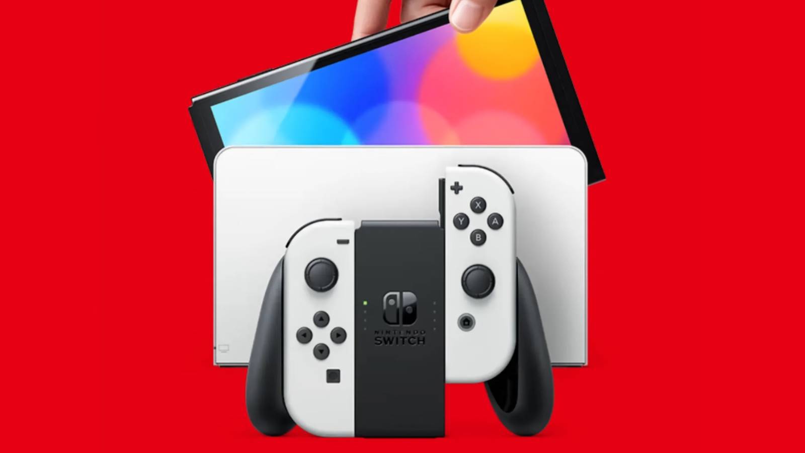 A promotional visual for the Nintendo Switch showing the console and JoyCons