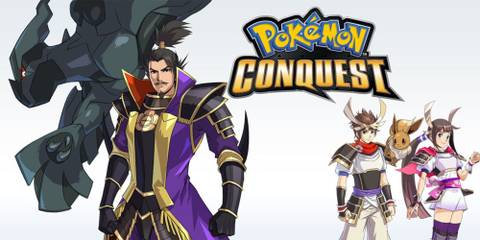Official promotional art featuring Nobunaga and the playable characters with their respective Pokemon.