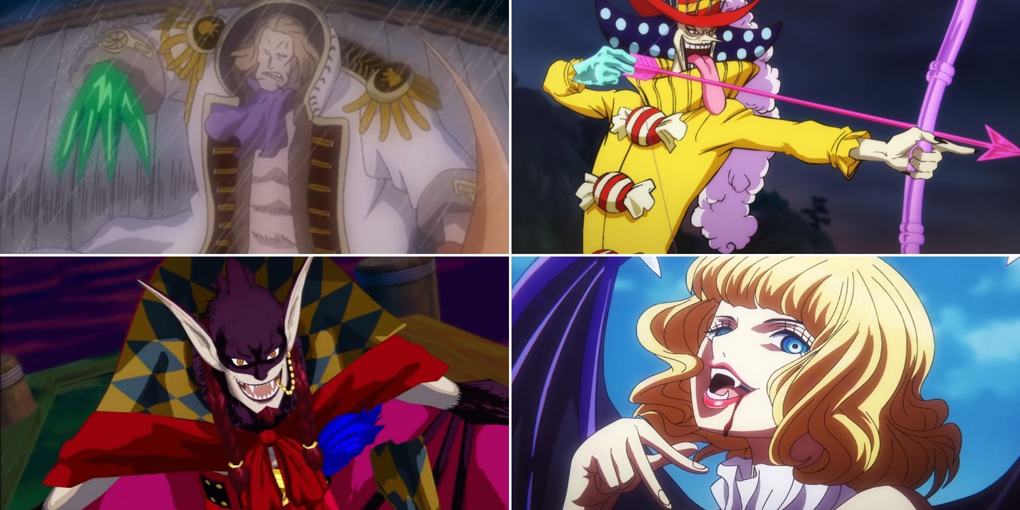 A collage of non-canon Devil Fruits who got canonical counterparts: The Ame Ame no Mi & the Pero Pero no Mi, and the Batto Batto no Mi: Model Vampire and the Batto Batto no Mi.