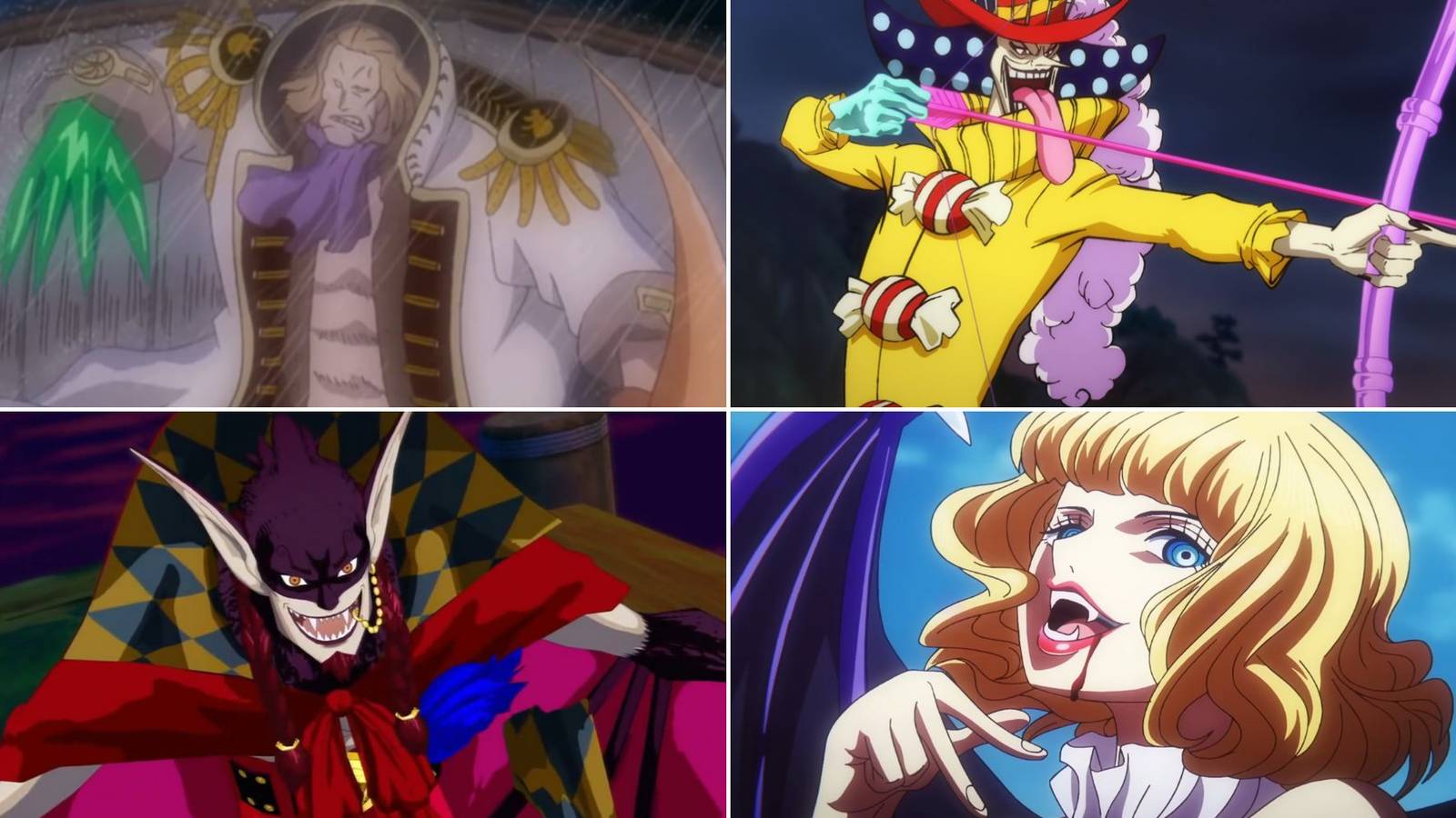 A collage of non-canon Devil Fruits who got canonical counterparts: The Ame Ame no Mi & the Pero Pero no Mi, and the Batto Batto no Mi: Model Vampire and the Batto Batto no Mi.