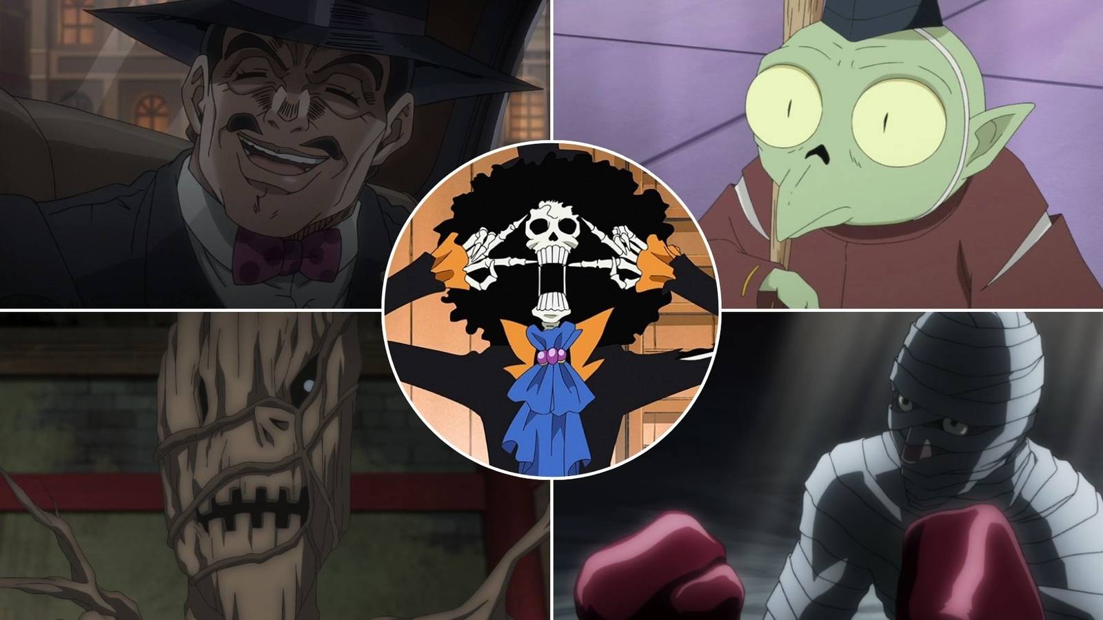 A collage of 5 anime characters that were voiced by Chō: Senator Wilson Phillips from JoJo's Bizarre Adventure, Jaken from InuYasha, Hoko from Hell's Paradise, Bonolenov Ndongo from Hunter x Hunter and Brook from One Piece. 