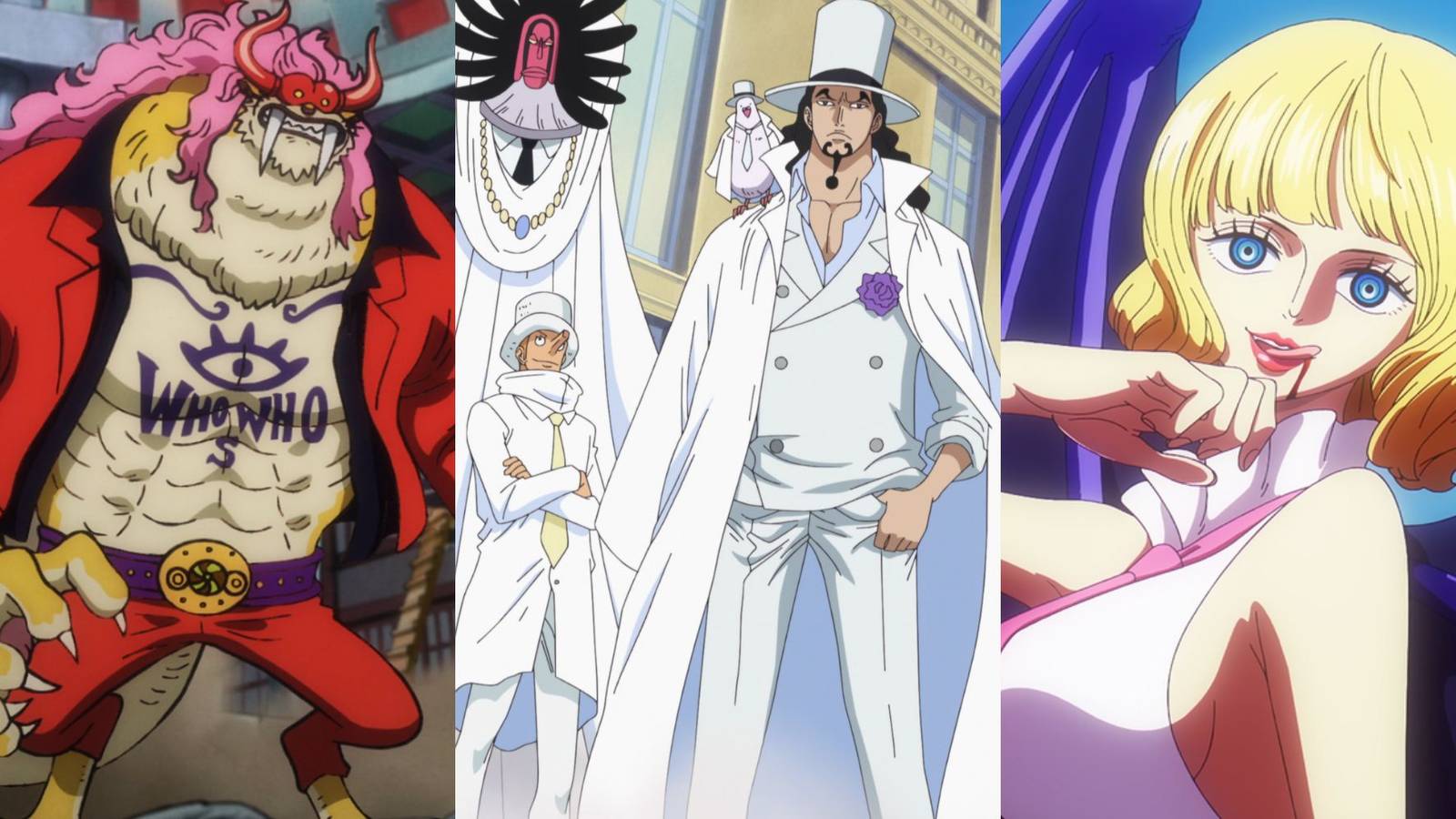 A collage of three One Piece characters who use Rokushiki: Who's Who, Kaku, Rob Lucci and Stussy.