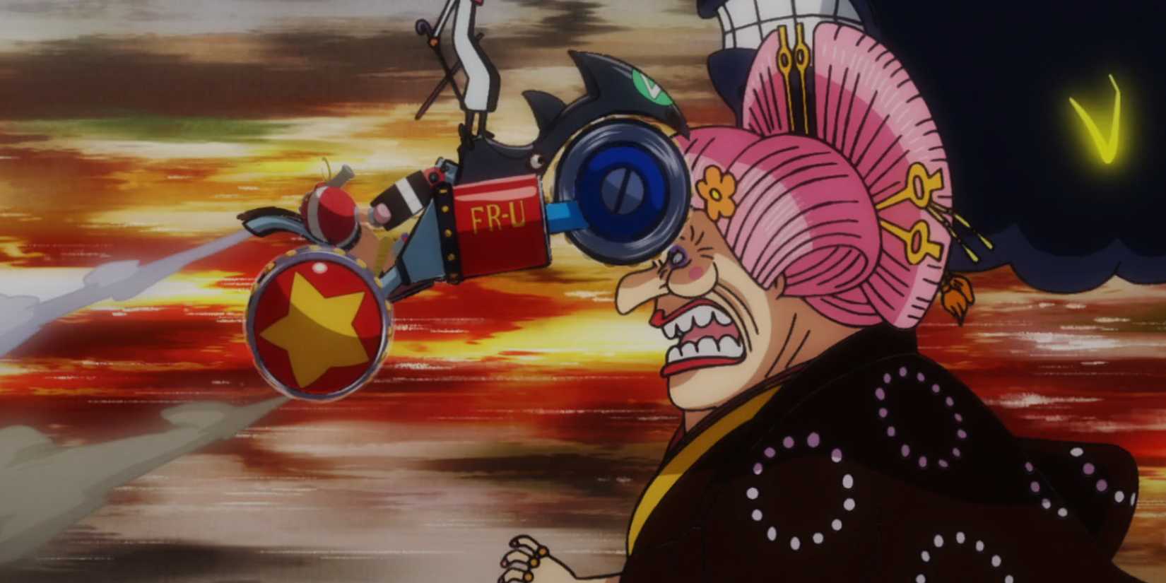 one piece episode 998 franky driving a bike over big mom