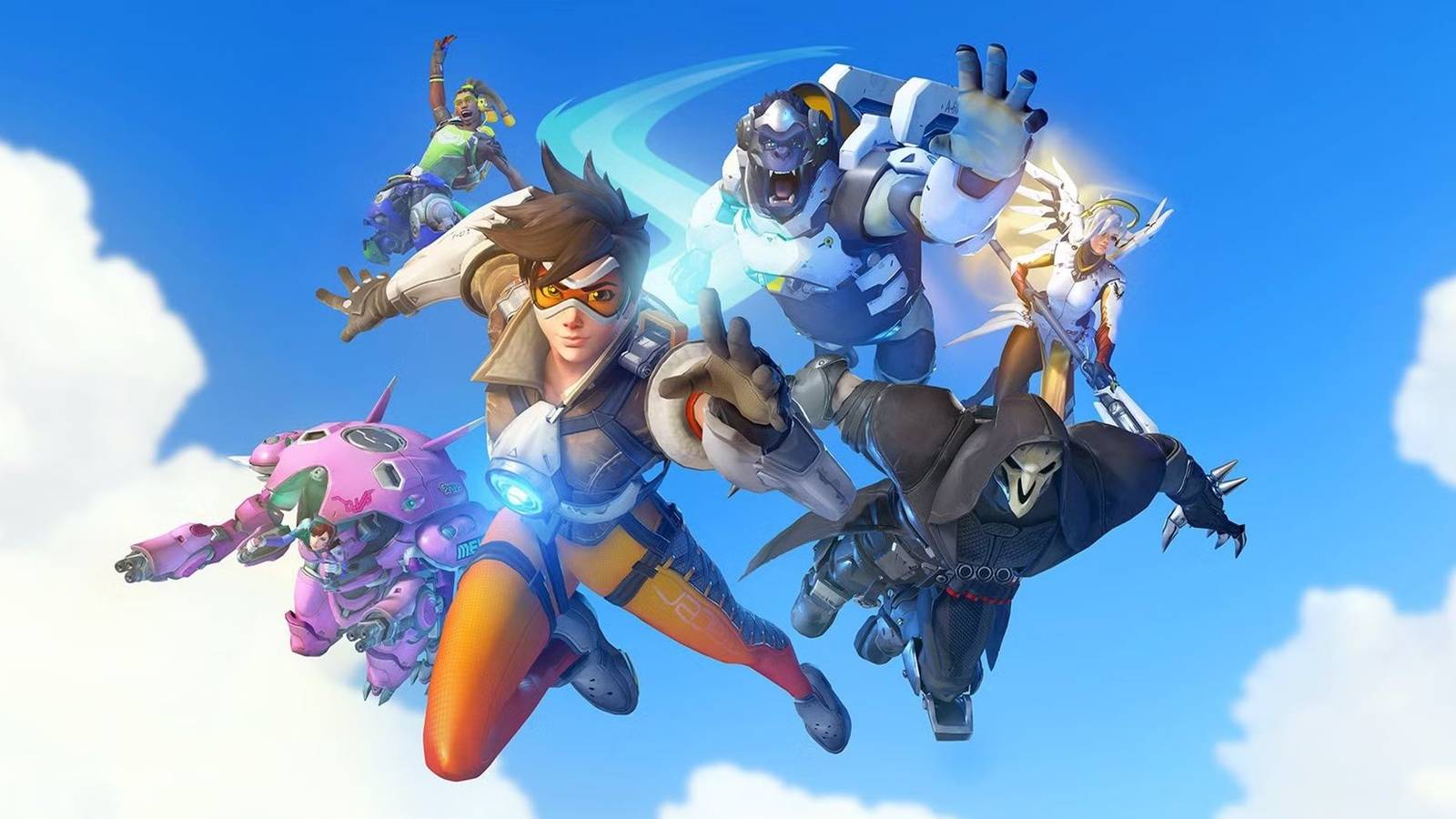 Overwatch 2 Group Shot with Tracer, Reaper, D.Va, Winston, Mercy, and Lucio