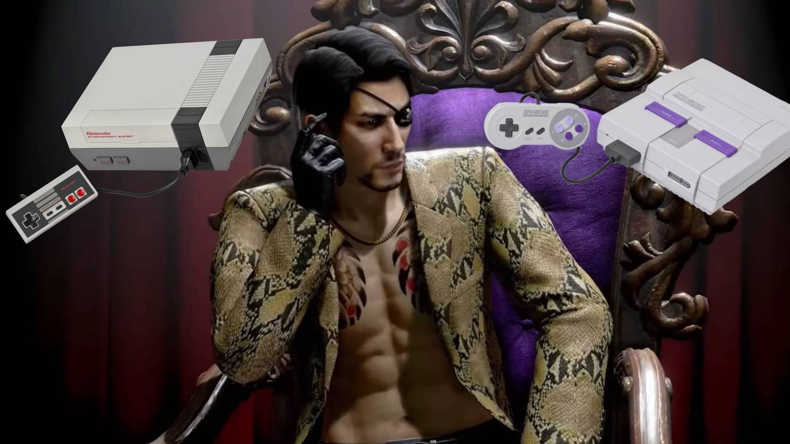 Goro Majima from Pirate Yakuza in Hawaii's trailer with an NES and SNES