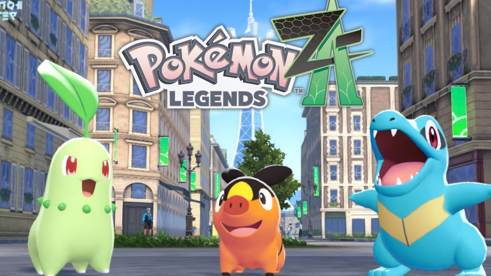 A promotional visual for Pokemon Legends: Z-A showing Chikorita, Tepig, and Totodile.