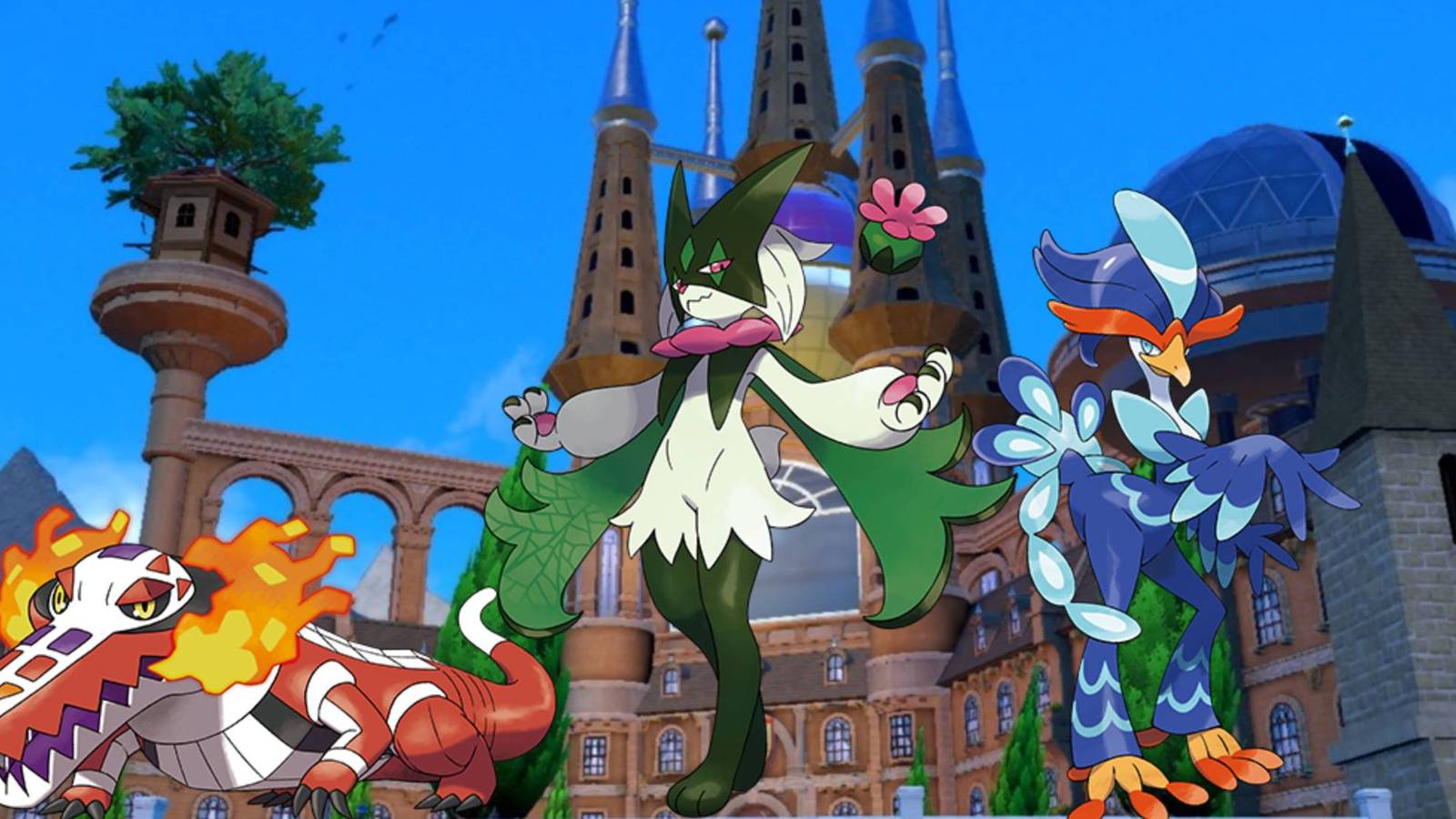 Skeledirge, Meowscarada, and Quaquaval in front of Uva Academy from Pokemon Violet