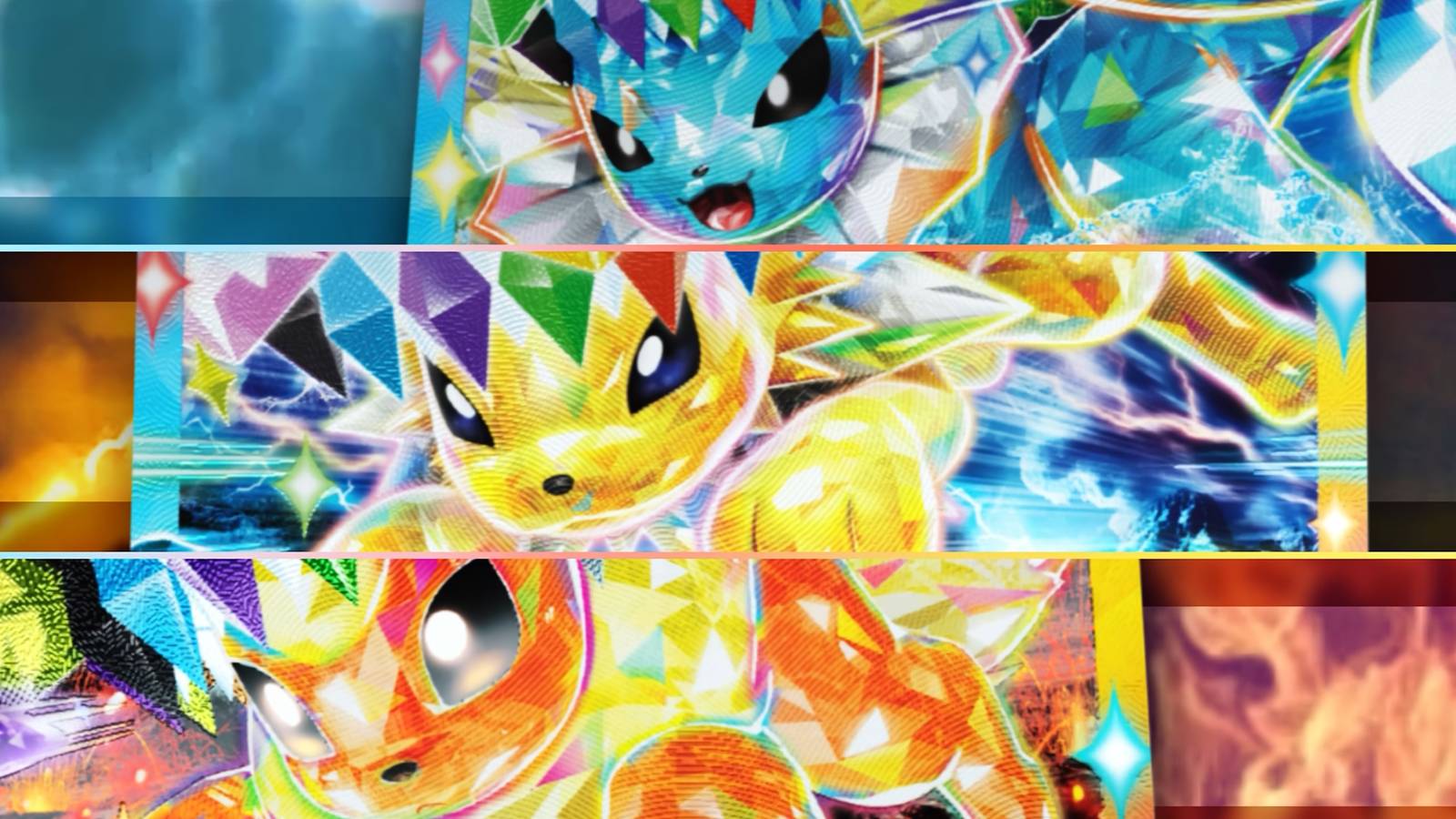 A promotional visual for the Pokemon TCG's Prismatic Evolutions set showing Vaporeon, Jolteon, and Flareon.