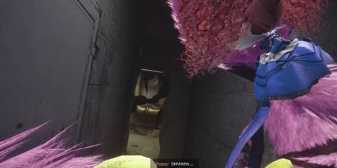  prototype walking past poppy, kissy, and player in poppy playtime 