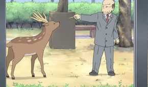 Principal Shinonome tries to give the deer a cookie.