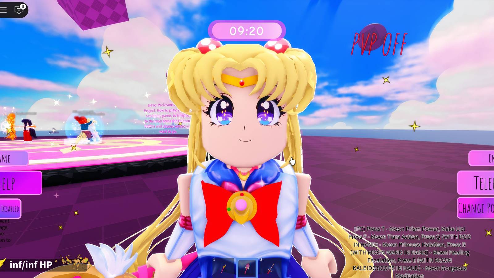 Sailor Moon stands on a purple checkerboard platform in Project Sailor Moon, a game on Roblox.