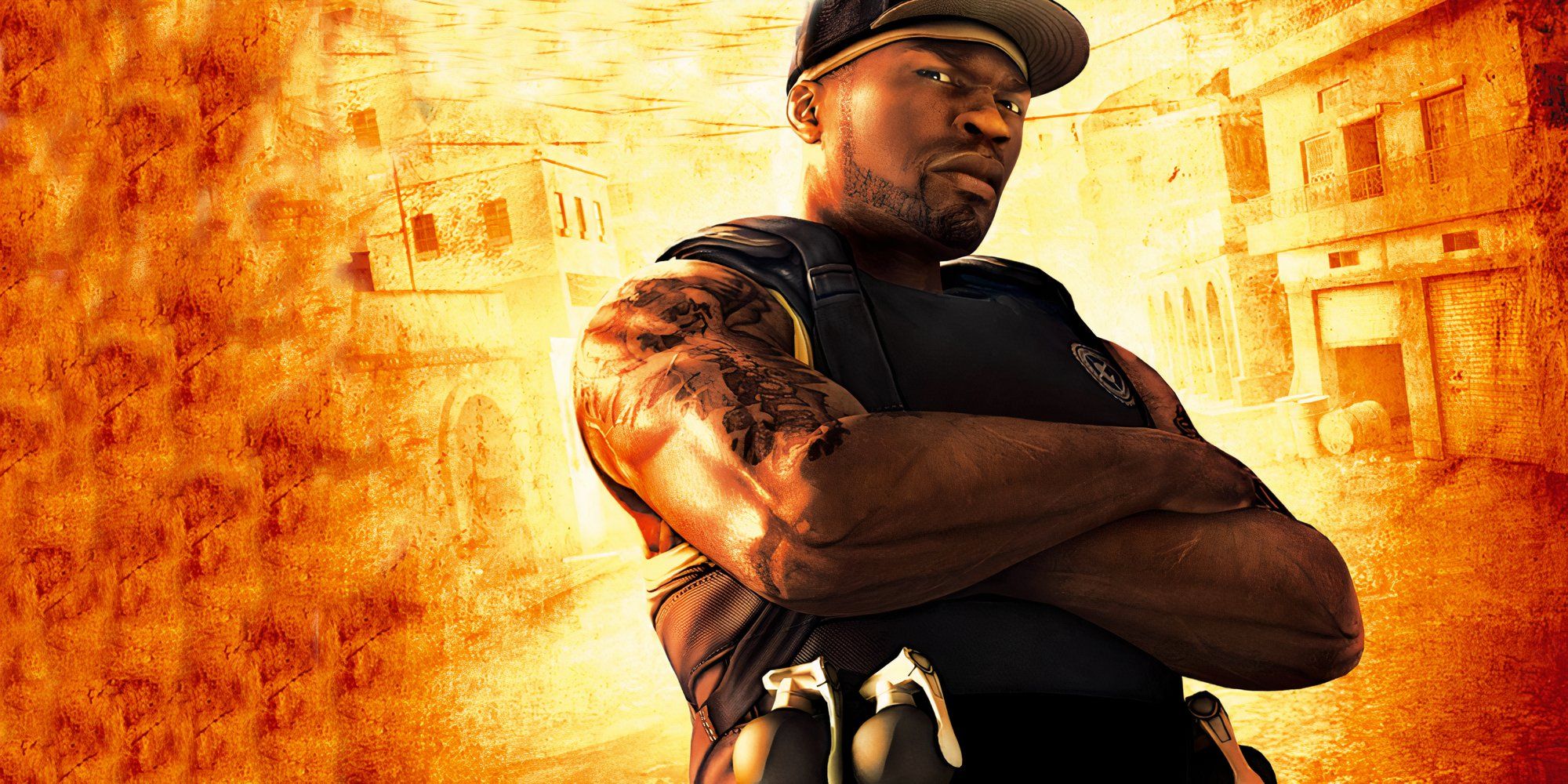 Promo art featuring characters in 50 Cent Blood on the Sand