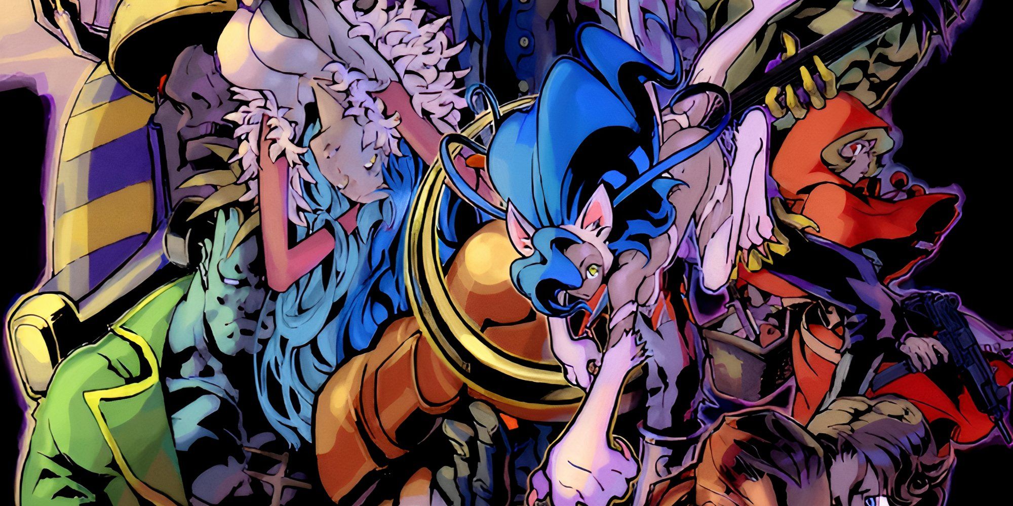 Promo art featuring characters in Darkstalkers Chronicle The Chaos Tower