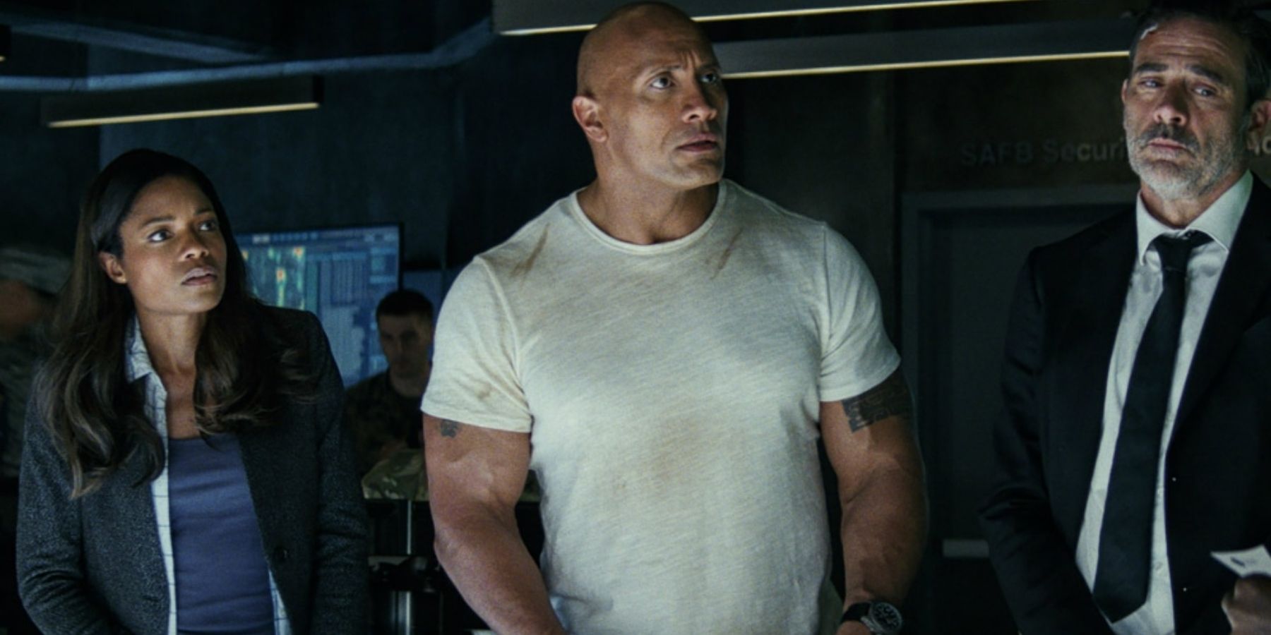 Naomie Harris, Dwayne Johnson and Jeffrey Dean Morgan in Rampage