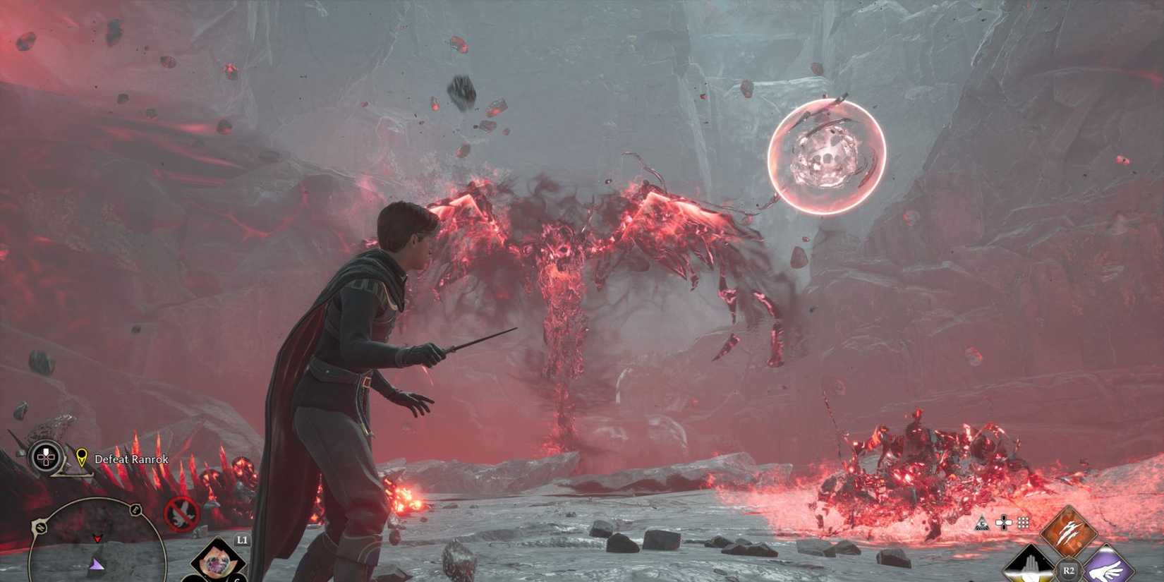 Ranrok Dragon and a red orb in Hogwarts Legacy