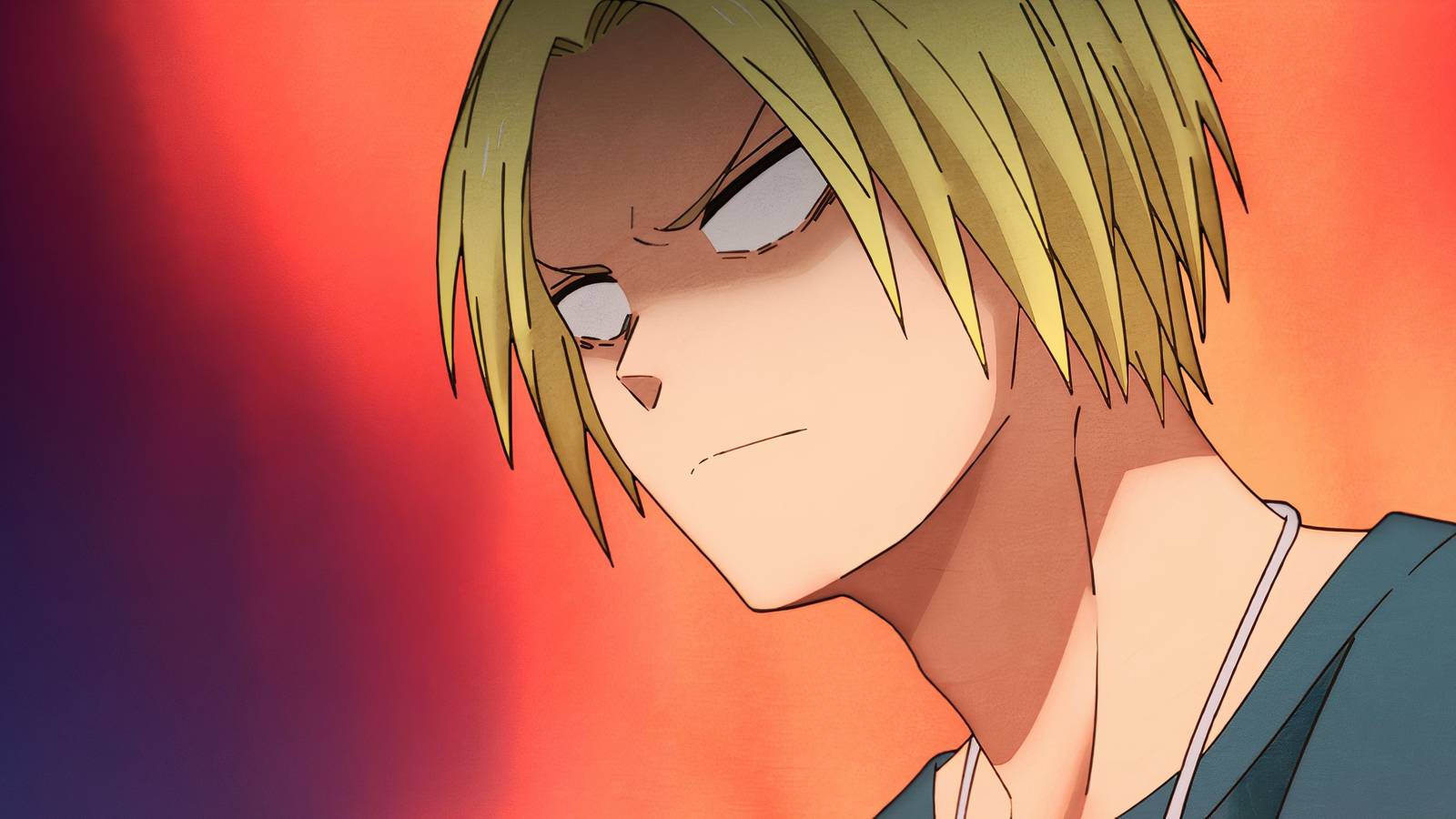 Shin glares at Lu with a fiery red background behind him in Sakamoto Days.