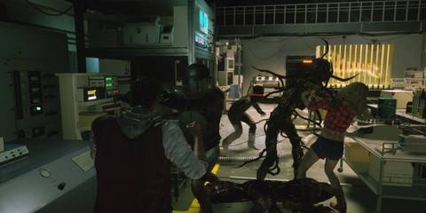 Resident Evil Resistance characters surrounds by enemies inside a lab