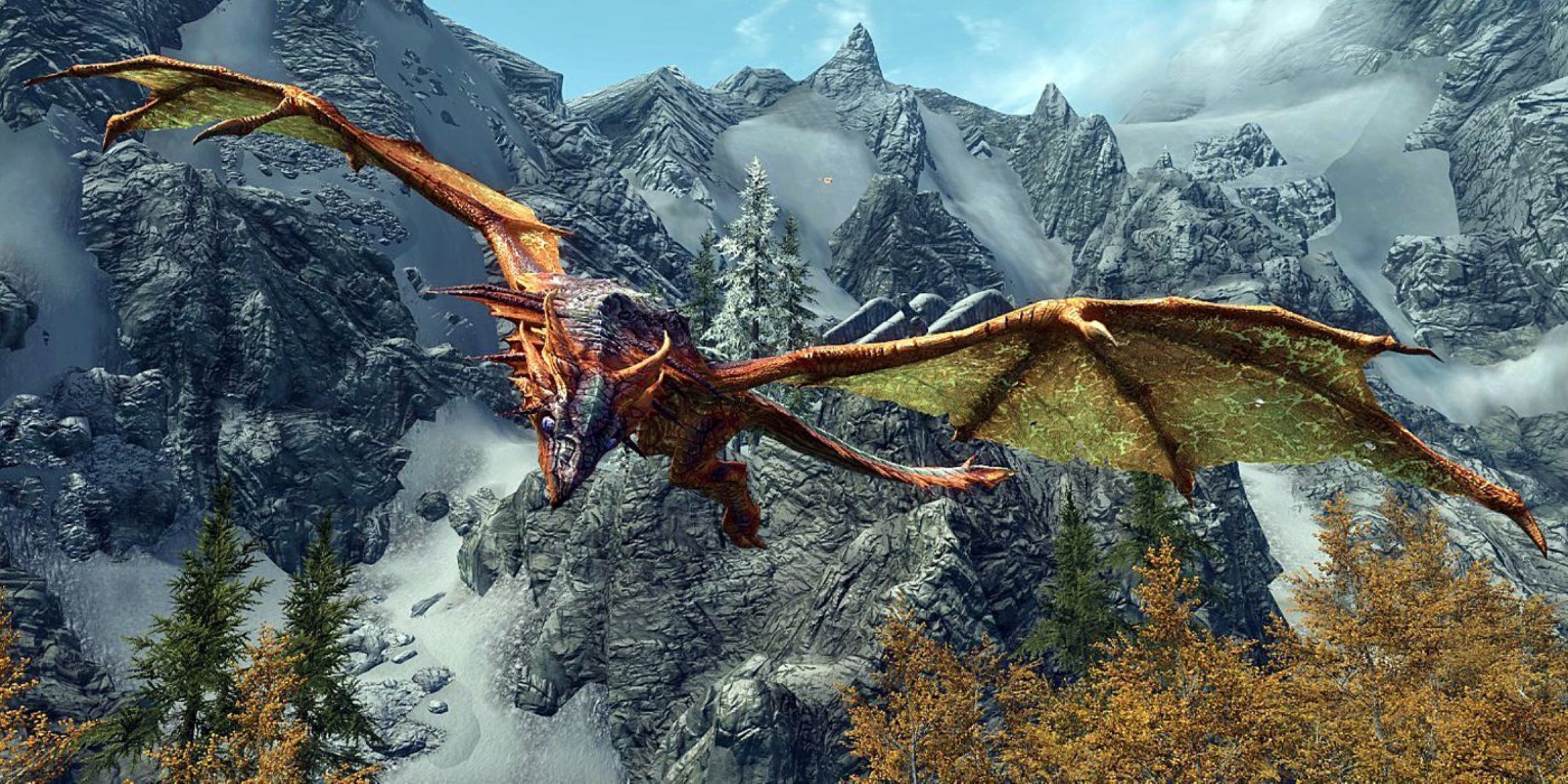 Revered Dragon flying with snowy mountains in the background