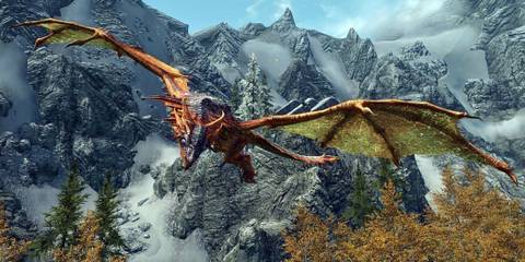 Revered Dragon flying around the snowy mountains in Skyrim