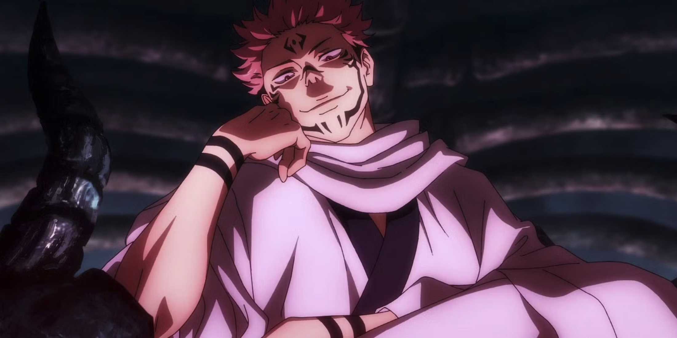 Ryomen Sukuna makes a smug expression within his Domain Expansion in Jujutsu Kaisen.
