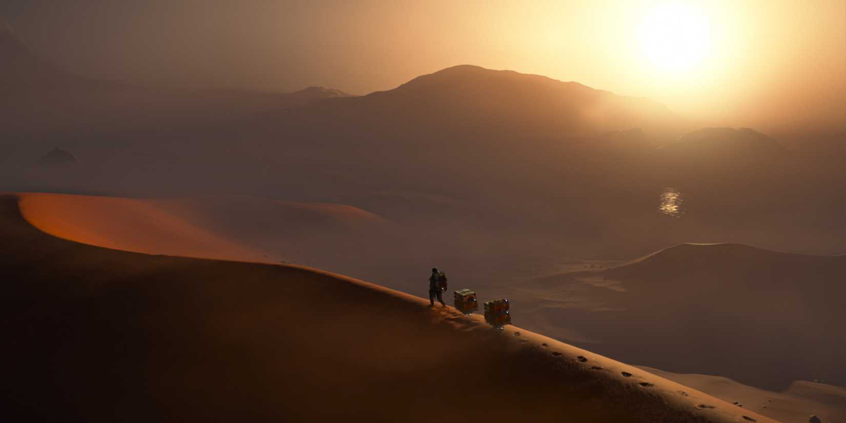 Sam traveling on sand in Death Stranding 2